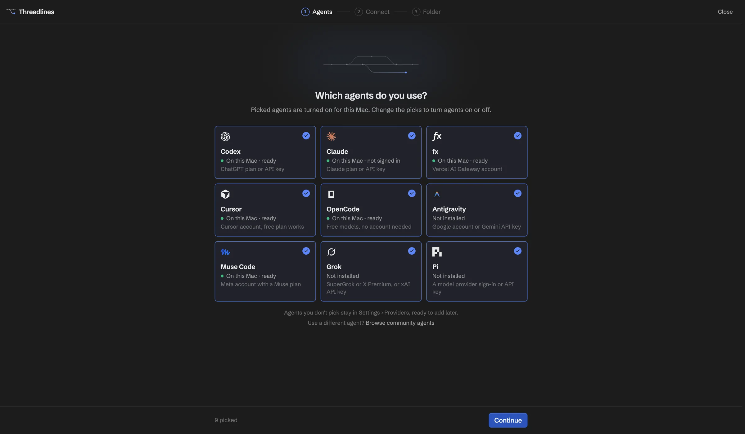 Threadlines setup asking which agents you use, with Codex, Claude, fx, Cursor, OpenCode, Antigravity, Muse Code, Grok and Pi to pick from