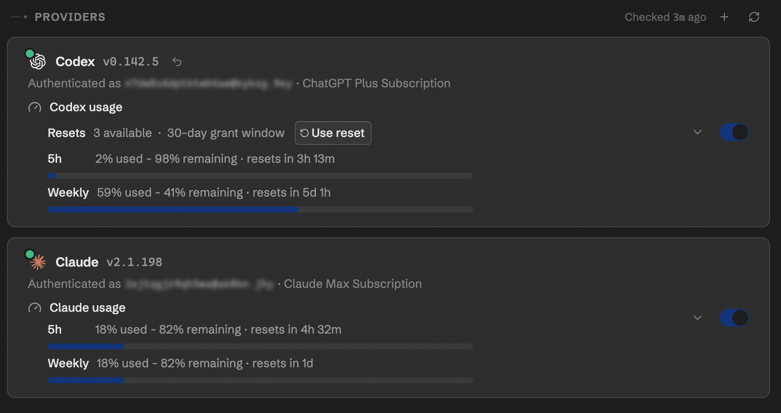 Provider settings showing Codex and Claude subscriptions side by side with live five-hour and weekly usage meters and reset countdowns